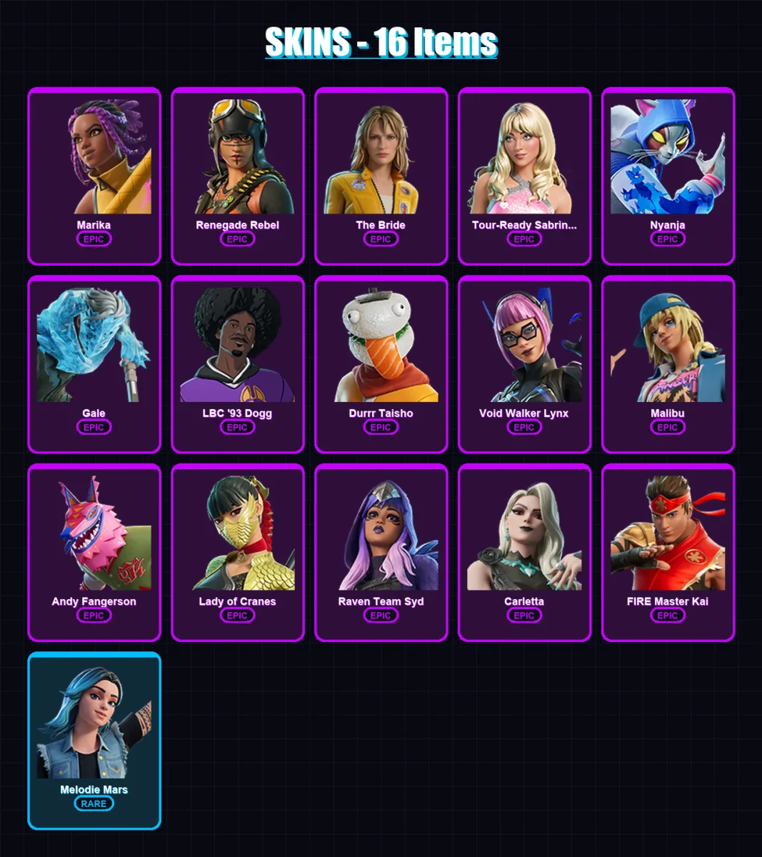 [PS4/PS5/XBOX/PC] | Marika | Renegade Rebel | The Bride | Tour-Ready Sabrina Carpenter | Nyanja | 16 skin | 17 pickaxe | 3 emote | 6 glider | Lv30 — Fortnite account