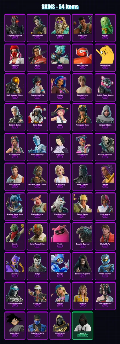 [PC/PSN] | Knight Conqueror | Outlaw Midas | Kingston | Miles Cross | Big Dill | 54 skin | 103 pickaxe | 70 emote | 64 glider | Lv1416