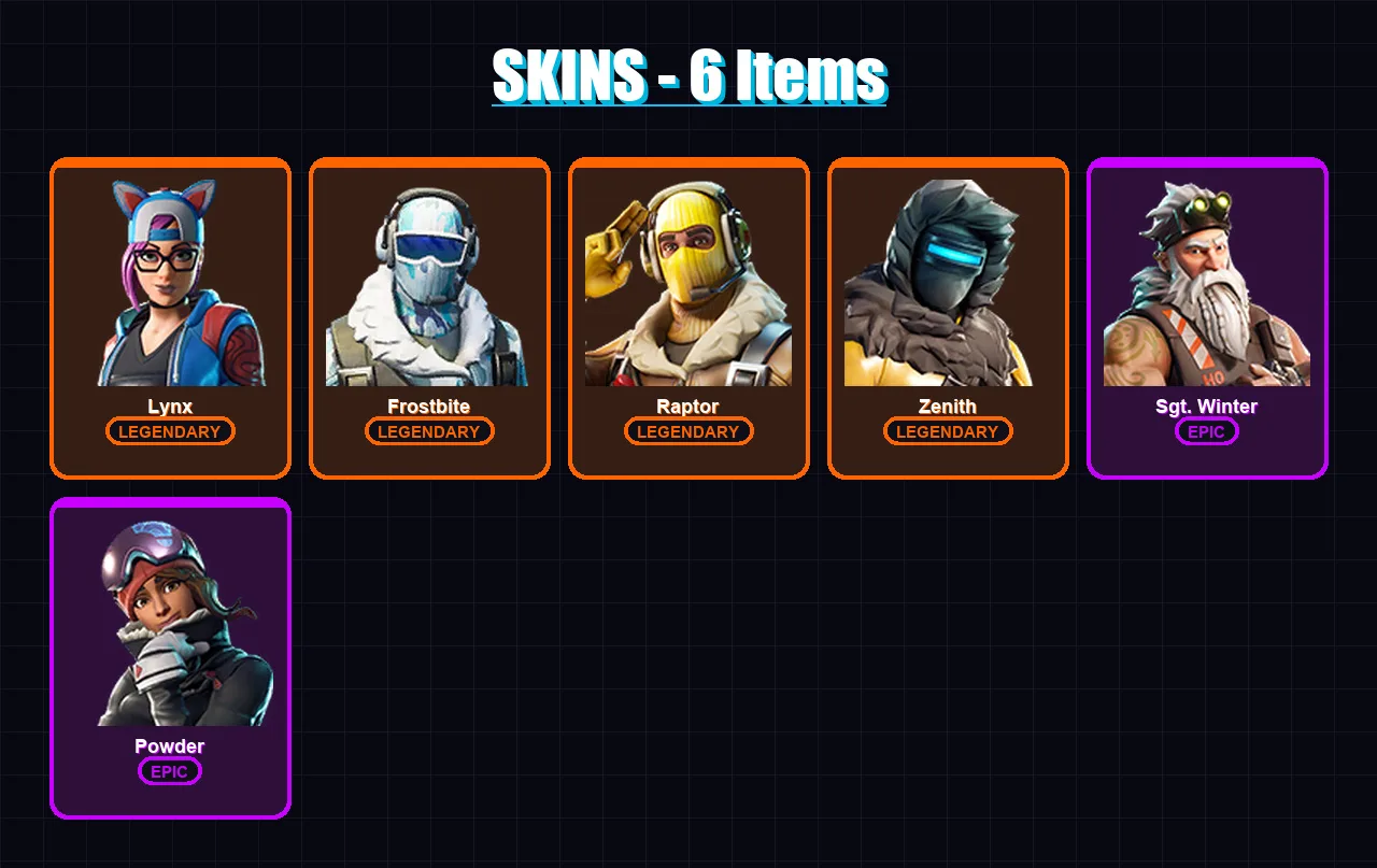 [SWITCH/XBOX/PSN/PC] | Lynx | Frostbite | Raptor | Zenith | Sgt. Winter | 6 skin | 6 pickaxe | 18 emote | 14 glider | Lv215