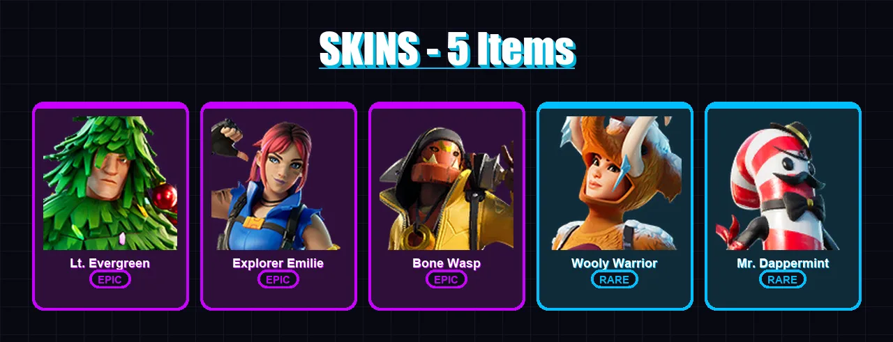 [PC/XBOX/PSN] | Lt. Evergreen | Explorer Emilie | Bone Wasp | Wooly Warrior | Mr. Dappermint | 5 skin | 16 pickaxe | 18 emote | 17 glider | Lv490