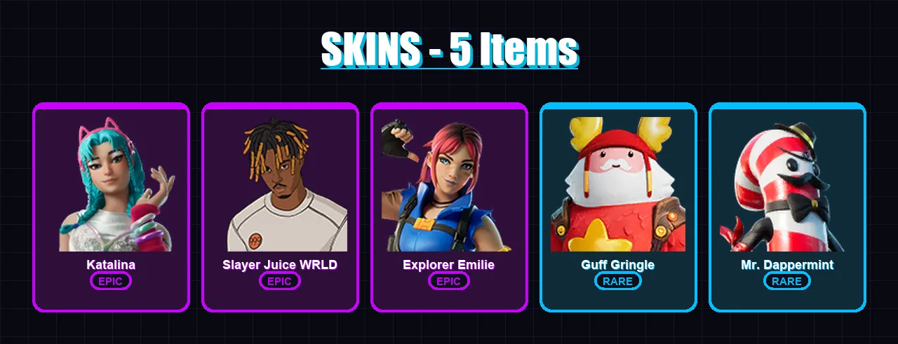 [PC/XBOX/PSN] | Katalina | Slayer Juice WRLD | Explorer Emilie | Guff Gringle | Mr. Dappermint | 5 skin | 11 pickaxe | 10 emote | 16 glider | Lv233