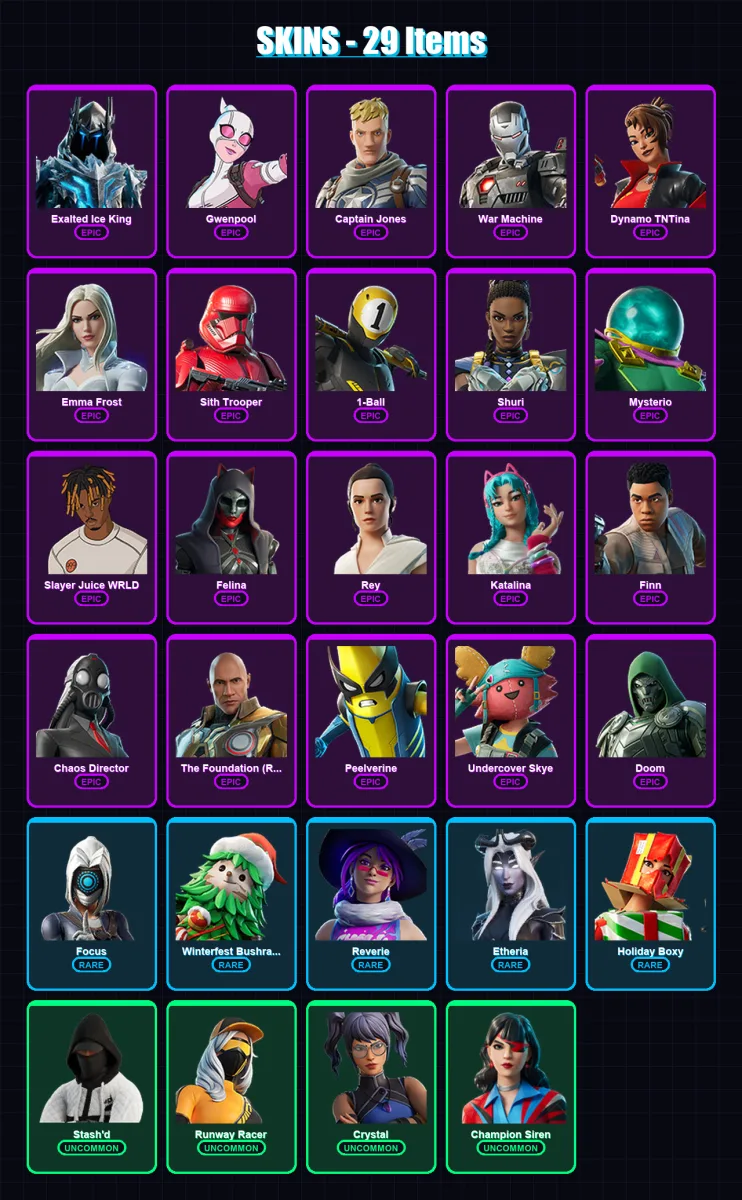 [PC/PSN] | Exalted Ice King | Gwenpool | Captain Jones | War Machine | Dynamo TNTina | 29 skin | 48 pickaxe | 28 emote | 29 glider | Lv507