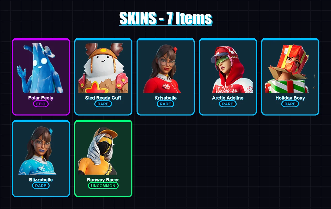 [PC/XBOX/PSN] | Polar Peely | Sled Ready Guff | Krisabelle | Arctic Adeline | Holiday Boxy | 7 skin | 14 pickaxe | 10 emote | 12 glider | Lv141