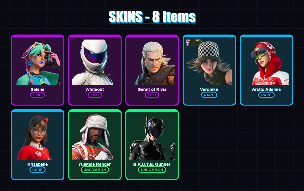 [PC/PSN] | Selene | Whiteout | Geralt of Rivia | Veronika | Arctic Adeline | 8 skin | 11 pickaxe | 7 emote | 7 glider | Lv51