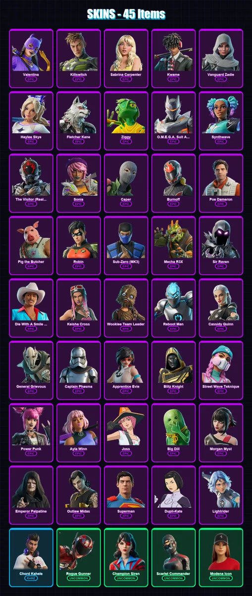 [PC/XBOX/PSN] | Valentina | Killswitch | Sabrina Carpenter | Kwame | Vanguard Zadie | 45 skin | 69 pickaxe | 51 emote | 47 glider | Lv613