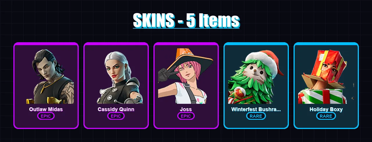 [PC/XBOX/PSN] | Outlaw Midas | Cassidy Quinn | Joss | Winterfest Bushranger | Holiday Boxy | 5 skin | 6 pickaxe | 5 emote | 6 glider | Lv76