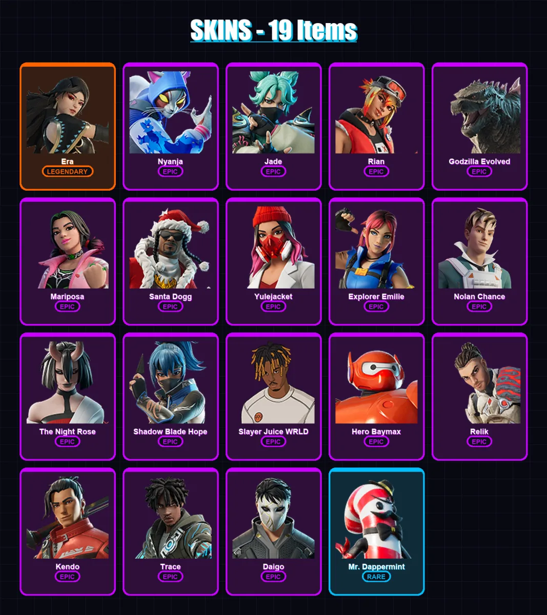 [PC/XBOX/PSN] | Era | Nyanja | Jade | Rian | Godzilla Evolved | 19 skin | 33 pickaxe | 21 emote | 29 glider | Lv453