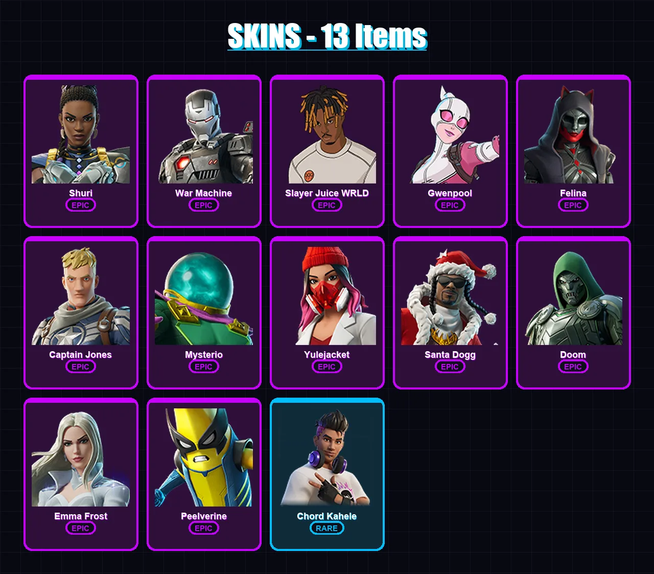 [PC/XBOX/PSN] | Shuri | War Machine | Slayer Juice WRLD | Gwenpool | Felina | 13 skin | 65 pickaxe | 34 emote | 43 glider | Lv700