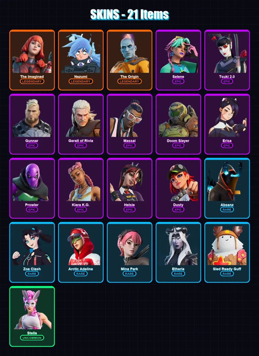 [PC/XBOX/PSN] | The Imagined | Nezumi | The Origin | Selene | Tsuki 2.0 | 21 skin | 23 pickaxe | 26 emote | 22 glider | Lv205