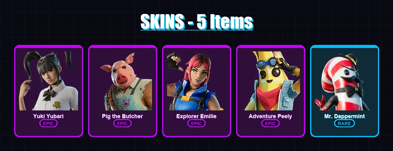 [PC/XBOX/PSN] | Yuki Yubari | Pig the Butcher | Explorer Emilie | Adventure Peely | Mr. Dappermint | 5 skin | 6 pickaxe | 5 emote | 9 glider | Lv77
