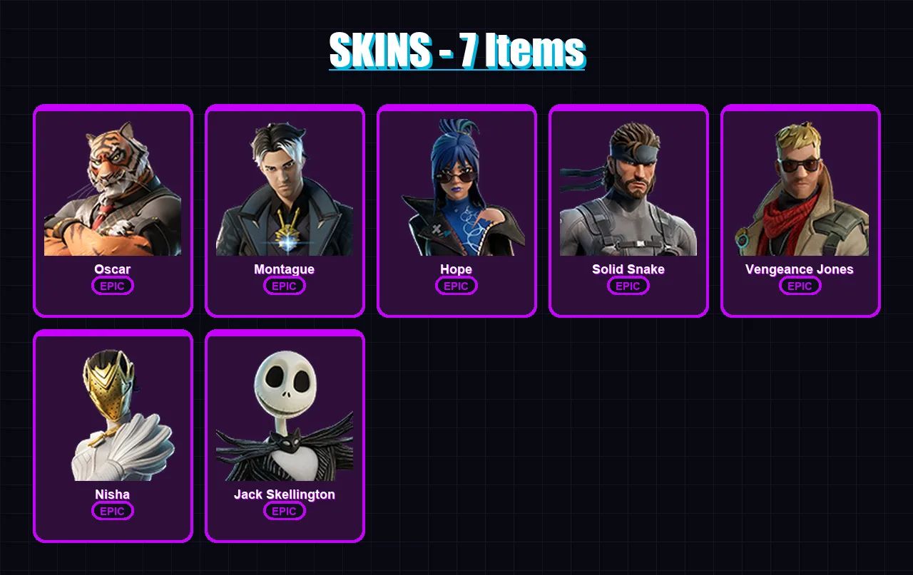 [PC/XBOX/PSN] | Oscar | Montague | Hope | Solid Snake | Vengeance Jones | 7 skin | 8 pickaxe | 10 emote | 8 glider | Lv132