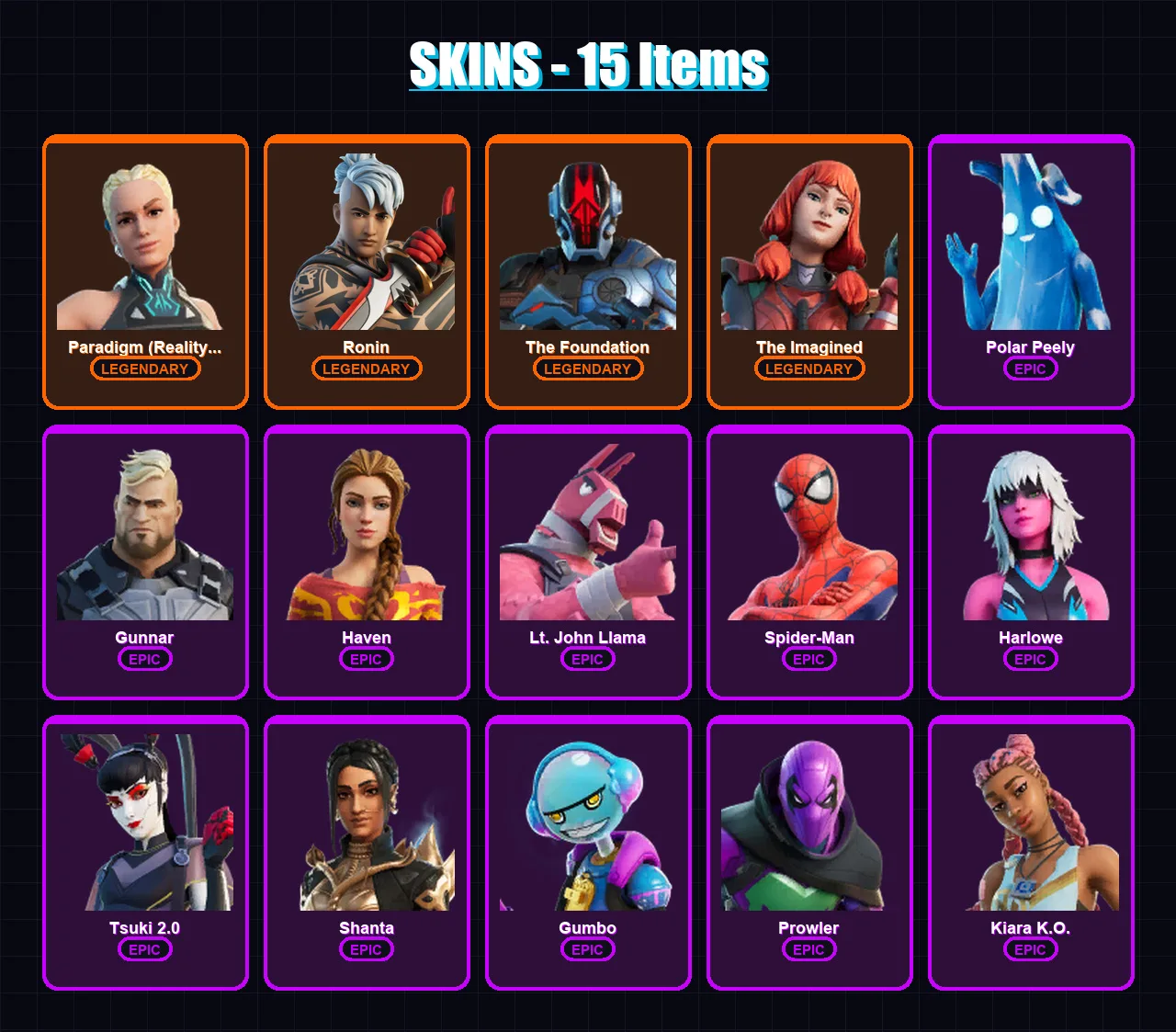 [PC/PSN] | Paradigm (Reality-659) | Ronin | The Foundation | The Imagined | Polar Peely | 15 skin | 25 pickaxe | 17 emote | 24 glider | Lv378