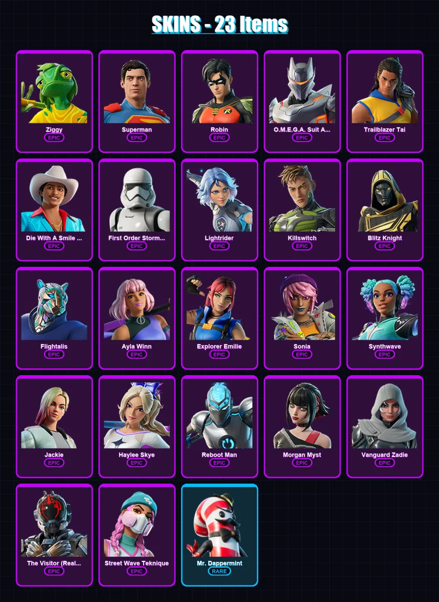 [PC/PSN] | Ziggy | Superman | Robin | O.M.E.G.A. Suit Alpha | Trailblazer Tai | 23 skin | 49 pickaxe | 30 emote | 32 glider | Lv747