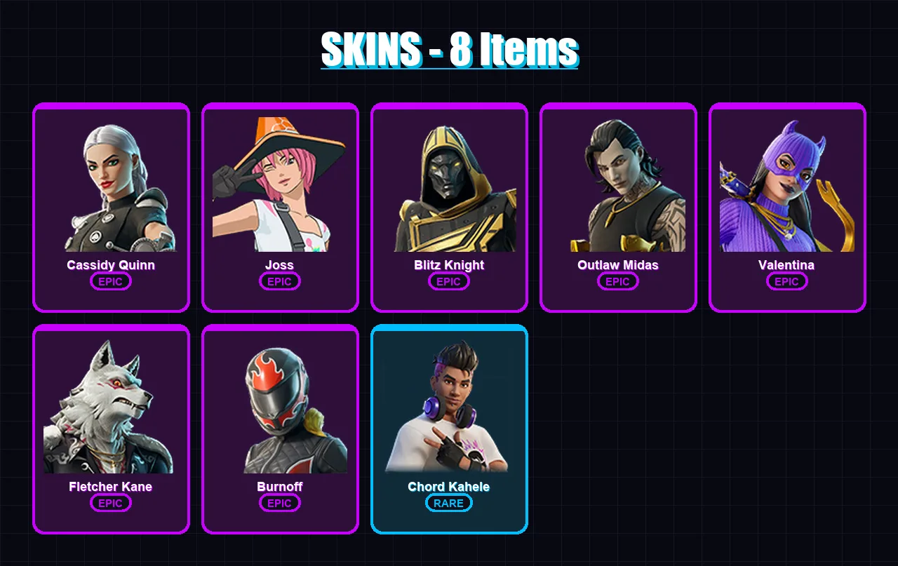 [PC/XBOX/PSN] | Cassidy Quinn | Joss | Blitz Knight | Outlaw Midas | Valentina | 8 skin | 30 pickaxe | 16 emote | 27 glider | Lv222