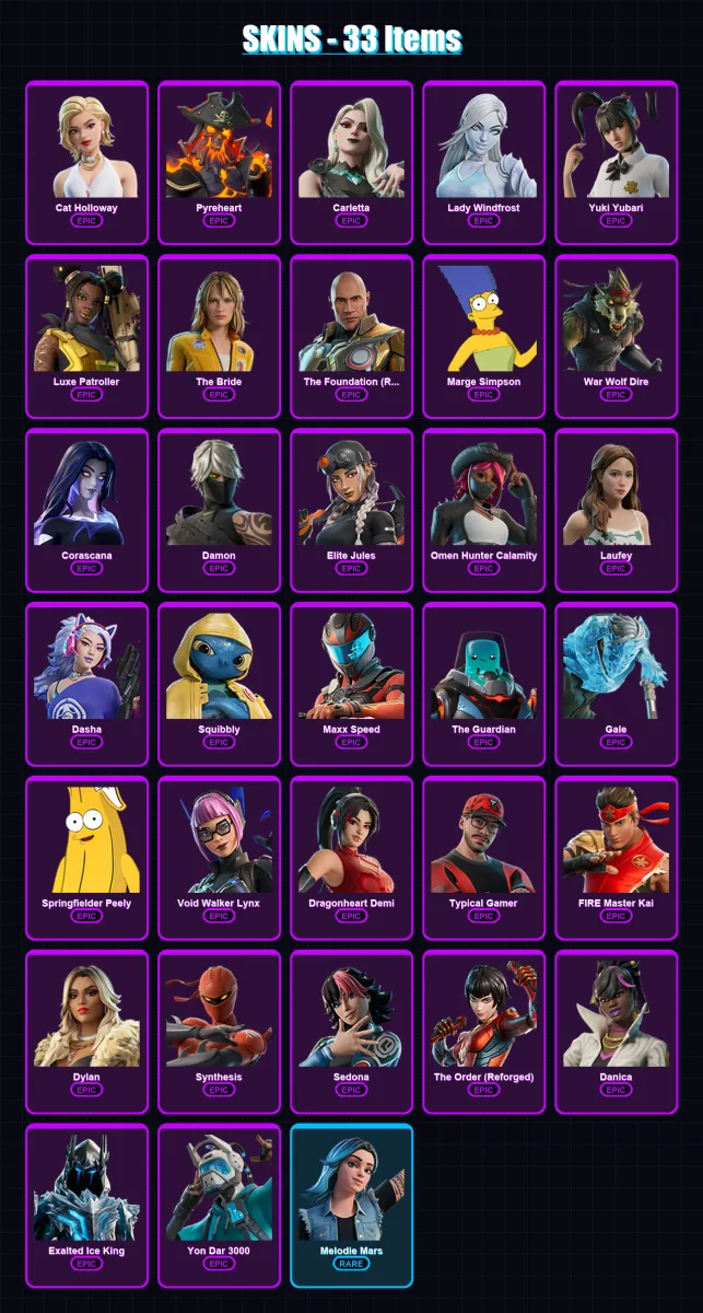 [PC] | Cat Holloway | Pyreheart | Carletta | Lady Windfrost | Yuki Yubari | 33 skin | 36 pickaxe | 26 emote | 29 glider | Lv165