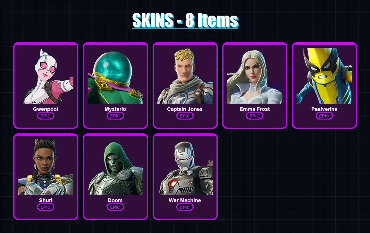 [PC/XBOX/PSN] | Gwenpool | Mysterio | Captain Jones | Emma Frost | Peelverine | 8 skin | 18 pickaxe | 16 emote | 17 glider | Lv271