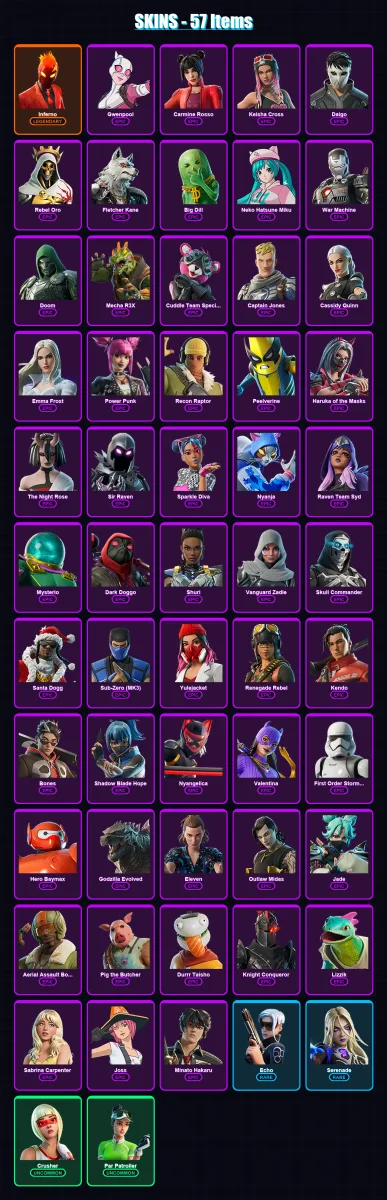 [PS4/PS5/XBOX/PC] | Inferno | Gwenpool | Carmine Rosso | Keisha Cross | Daigo | 57 skin | 92 pickaxe | 58 emote | 50 glider | Lv650