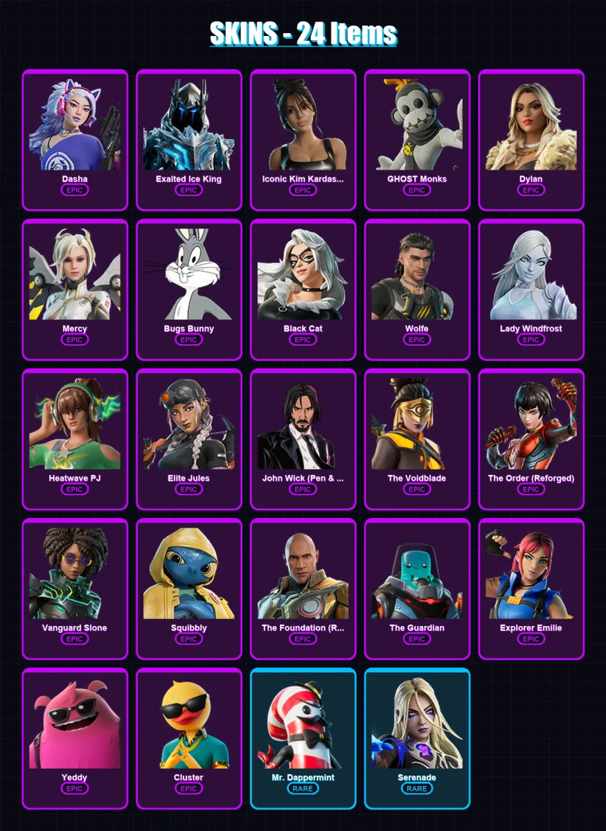 [PS4/PS5/XBOX/PC] | Dasha | Exalted Ice King | Iconic Kim Kardashian | GHOST Monks | Dylan | 24 skin | 29 pickaxe | 28 emote | 23 glider | Lv428