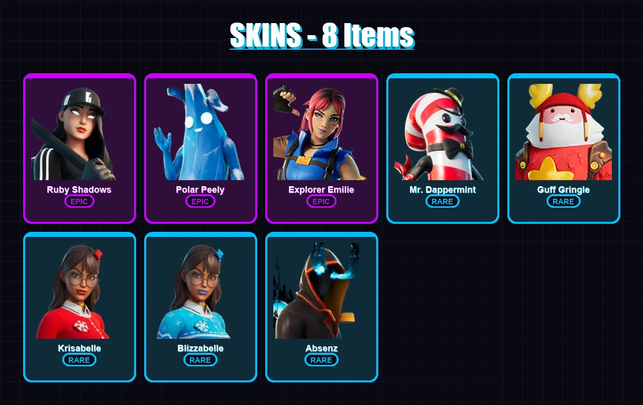 [PC/XBOX] | Ruby Shadows | Polar Peely | Explorer Emilie | Mr. Dappermint | Guff Gringle | 8 skin | 42 pickaxe | 27 emote | 40 glider | Lv696