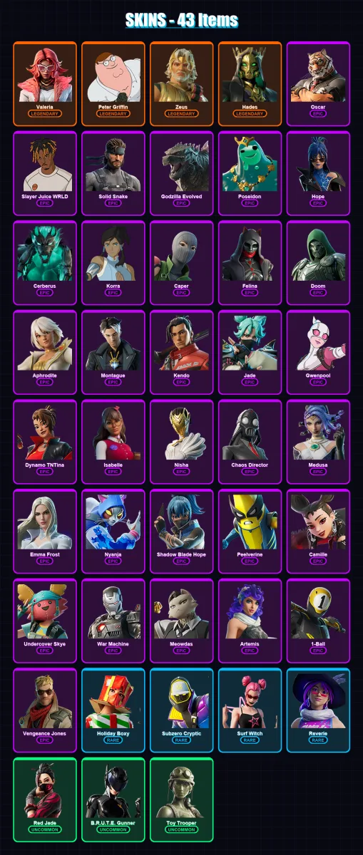 [PC/XBOX/PSN] | Valeria | Peter Griffin | Zeus | Hades | Oscar | 43 skin | 56 pickaxe | 48 emote | 41 glider | Lv502 — Fortnite account