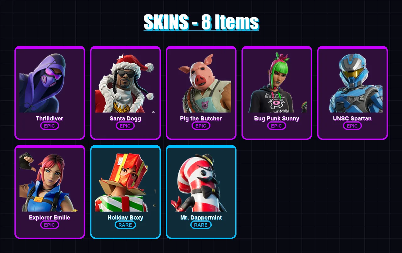 [PC/PSN] | Thrilldiver | Santa Dogg | Pig the Butcher | Bug Punk Sunny | UNSC Spartan | 8 skin | 27 pickaxe | 10 emote | 21 glider | Lv321