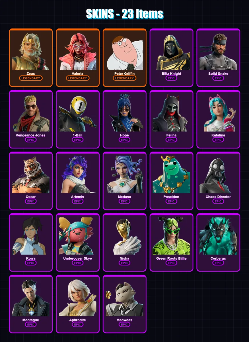 [PC/XBOX/PSN] | Zeus | Valeria | Peter Griffin | Blitz Knight | Solid Snake | 23 skin | 40 pickaxe | 21 emote | 22 glider | Lv306