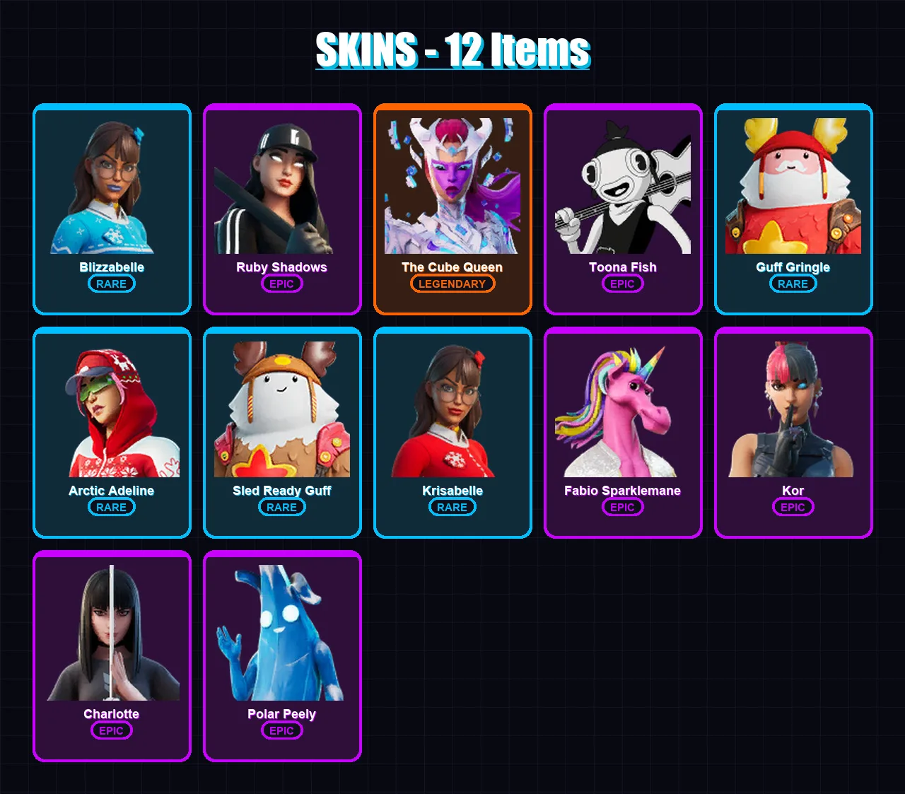 [PC/XBOX/PSN] | Blizzabelle | Ruby Shadows | The Cube Queen | Toona Fish | Guff Gringle | 12 skin | 17 pickaxe | 16 emote | 27 glider | Lv321