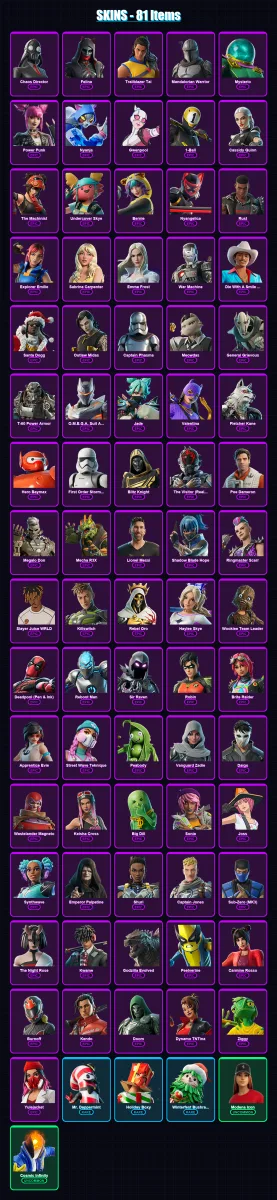 [PC/PSN] | Chaos Director | Felina | Trailblazer Tai | Mandalorian Warrior | Mysterio | 81 skin | 101 pickaxe | 77 emote | 68 glider | Lv1003