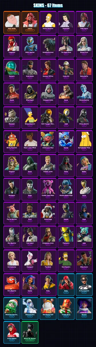 [PS4/PS5/XBOX/PC] | Peter Griffin | Valeria | Homer Simpson | Dupli-Kate | Iridia Vayne | 67 skin | 138 pickaxe | 90 emote | 93 glider | Lv1562