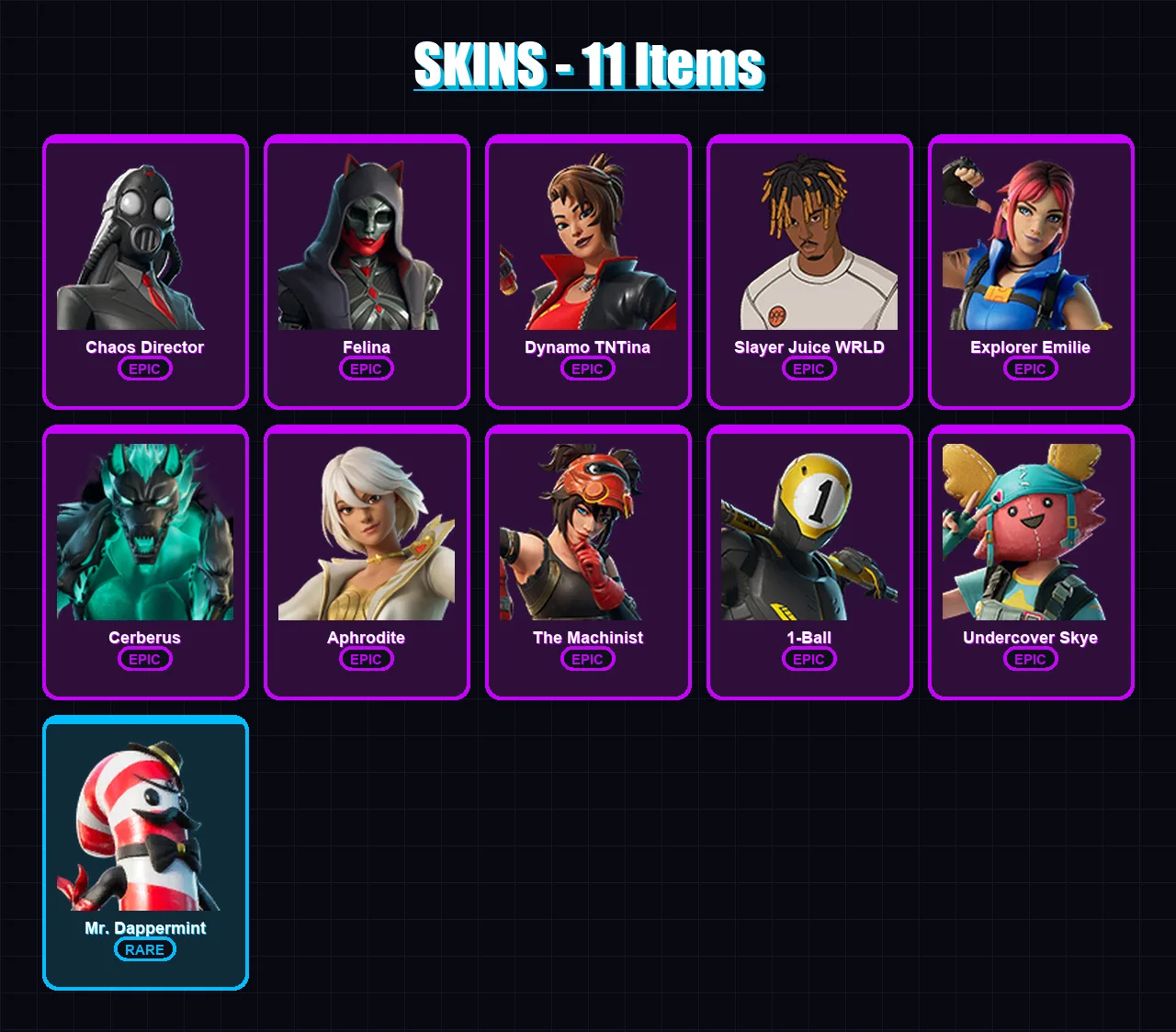 [PC/XBOX/PSN] | Chaos Director | Felina | Dynamo TNTina | Slayer Juice WRLD | Explorer Emilie | 11 skin | 19 pickaxe | 14 emote | 11 glider | Lv116
