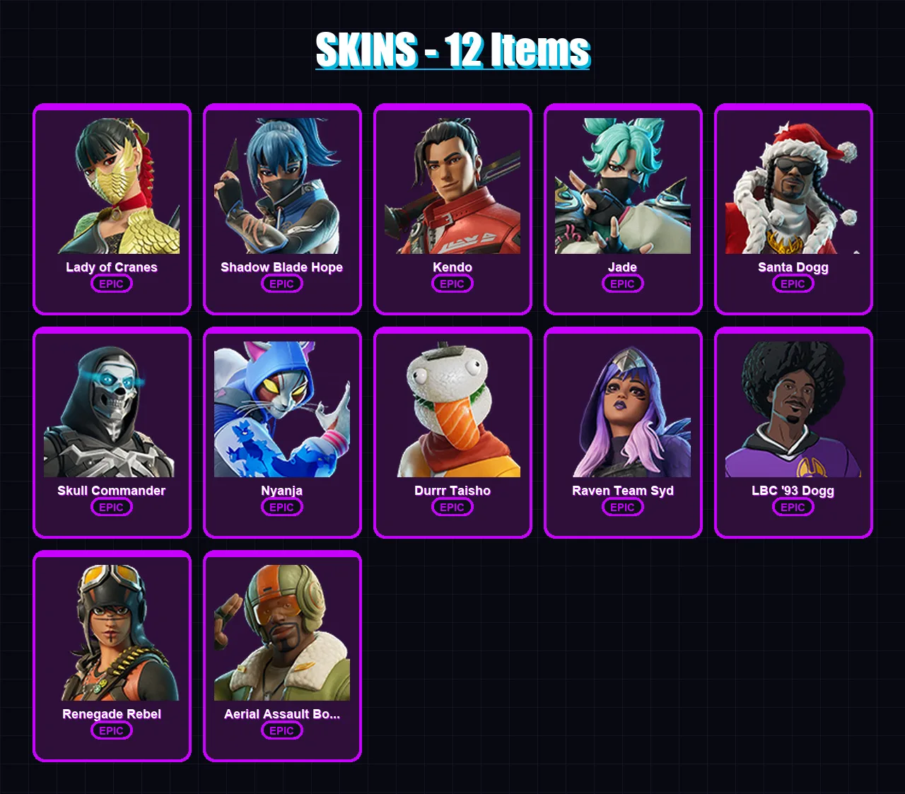 [PC/PSN] | Lady of Cranes | Shadow Blade Hope | Kendo | Jade | Santa Dogg | 12 skin | 34 pickaxe | 18 emote | 18 glider | Lv157