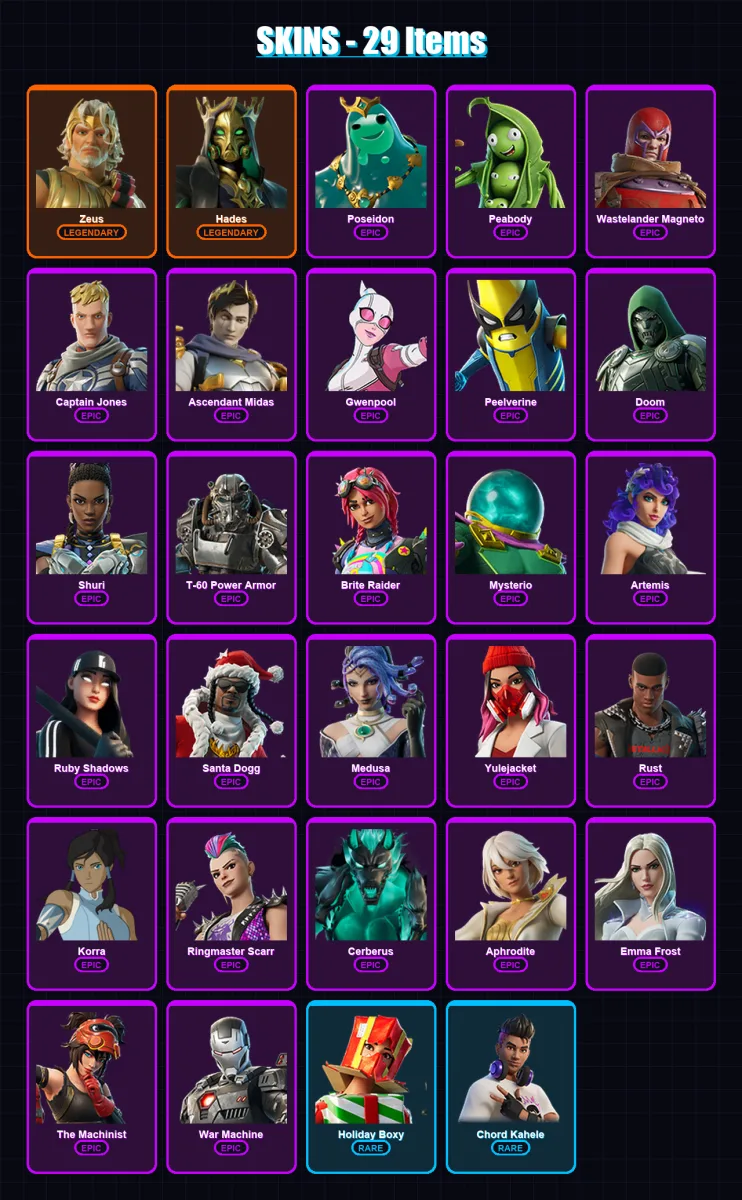 [PC/XBOX/PSN] | Zeus | Hades | Poseidon | Peabody | Wastelander Magneto | 29 skin | 68 pickaxe | 40 emote | 53 glider | Lv734
