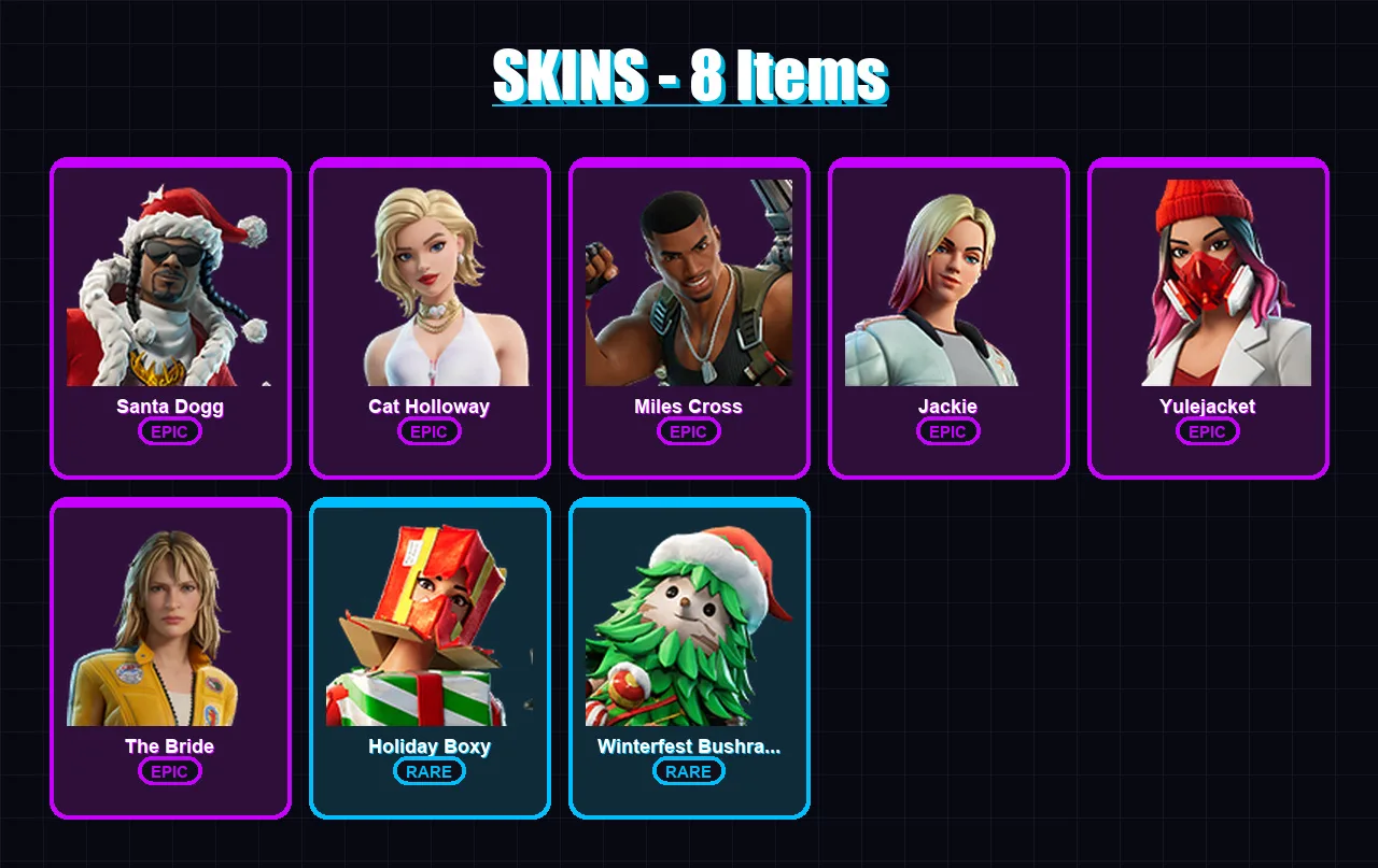[PC/XBOX/PSN] | Santa Dogg | Cat Holloway | Miles Cross | Jackie | Yulejacket | 8 skin | 35 pickaxe | 21 emote | 27 glider | Lv420
