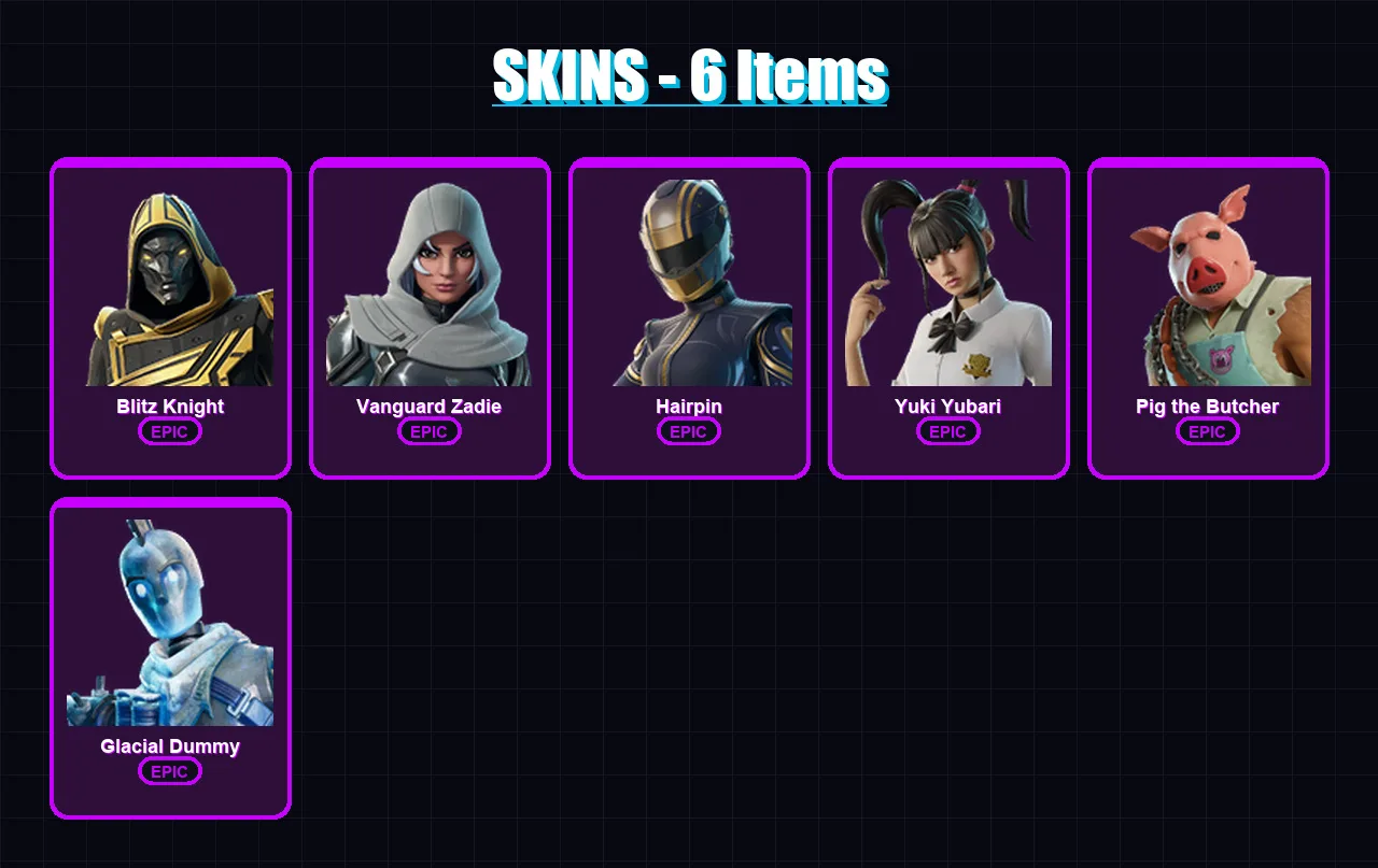 [PC/XBOX/PSN] | Blitz Knight | Vanguard Zadie | Hairpin | Yuki Yubari | Pig the Butcher | 6 skin | 62 pickaxe | 25 emote | 40 glider | Lv576