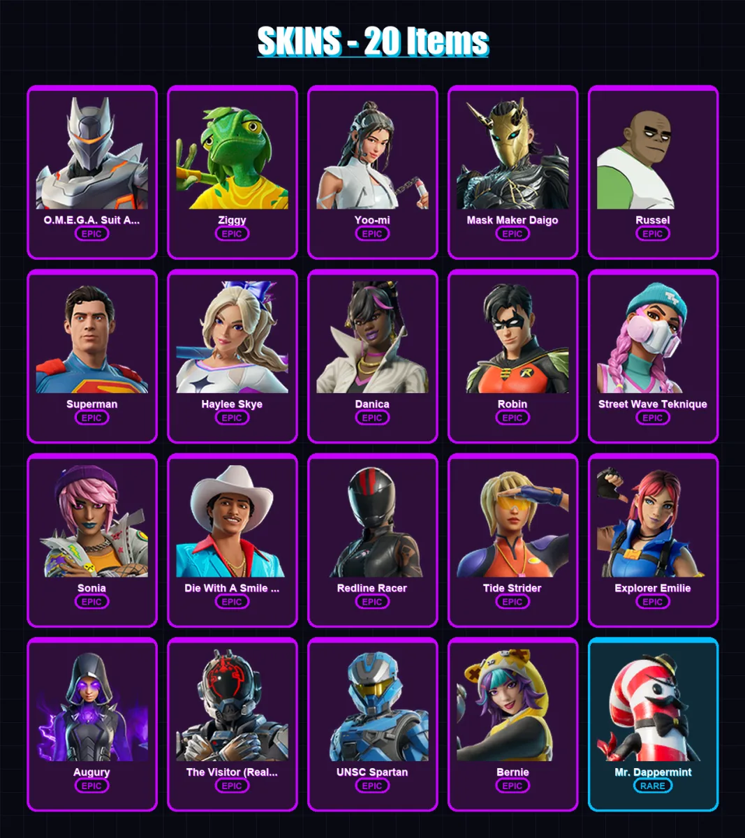 [PC/PSN] | O.M.E.G.A. Suit Alpha | Ziggy | Yoo-mi | Mask Maker Daigo | Russel | 20 skin | 29 pickaxe | 23 emote | 23 glider | Lv161