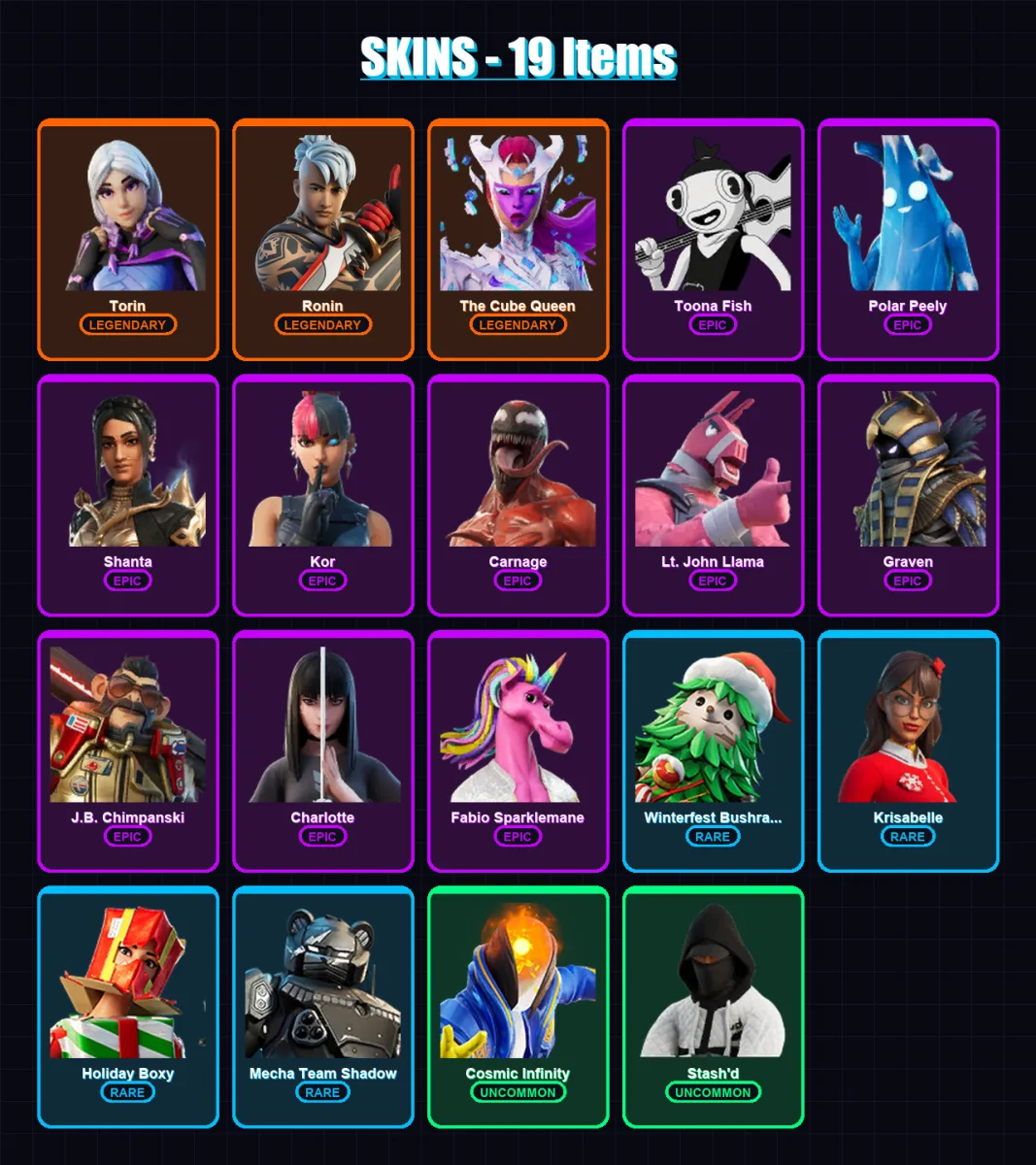 [PC/XBOX/PSN] | Torin | Ronin | The Cube Queen | Toona Fish | Polar Peely | 19 skin | 38 pickaxe | 19 emote | 33 glider | Lv529