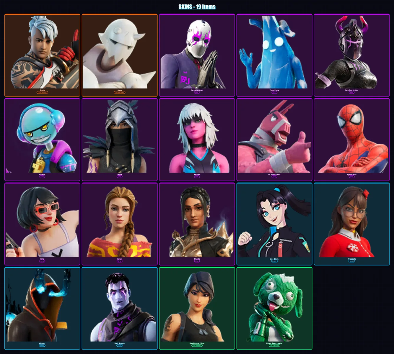 [PC/PSN] | Ronin | Snap | Dark Wild Card | Polar Peely | Dark Red Knight  | 19 skin | 26 pickaxe | 15 emote | 19 glider | Lv259