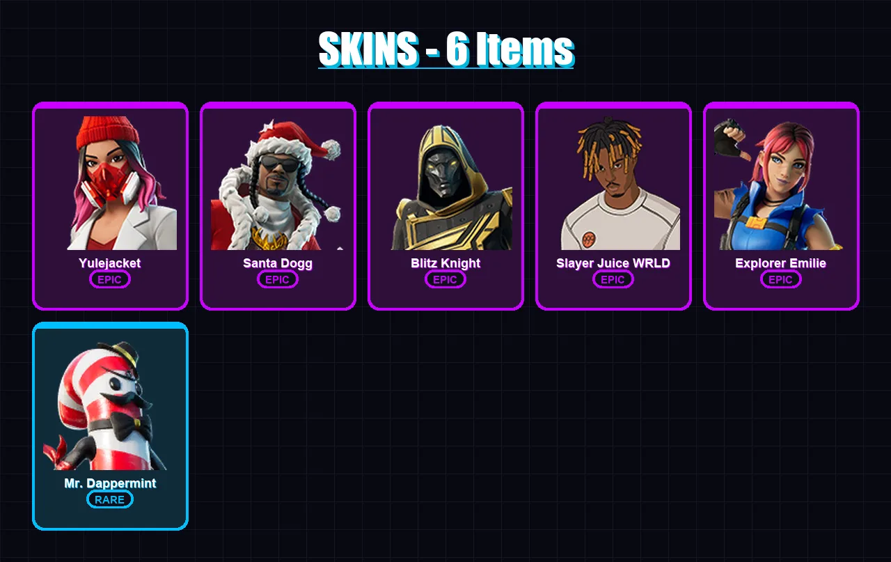 [PC/XBOX] | Yulejacket | Santa Dogg | Blitz Knight | Slayer Juice WRLD | Explorer Emilie | 6 skin | 28 pickaxe | 8 emote | 17 glider | Lv126