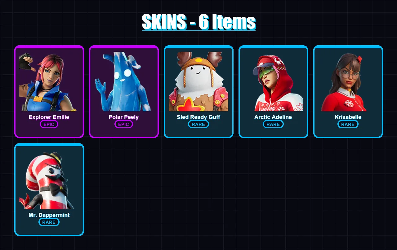 [SWITCH/PSN/PC] | Explorer Emilie | Polar Peely | Sled Ready Guff | Arctic Adeline | Krisabelle | 6 skin | 22 pickaxe | 16 emote | 18 glider | Lv180