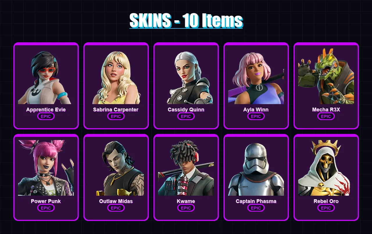[PC/PSN] | Apprentice Evie | Sabrina Carpenter | Cassidy Quinn | Ayla Winn | Mecha R3X | 10 skin | 20 pickaxe | 15 emote | 13 glider | Lv124
