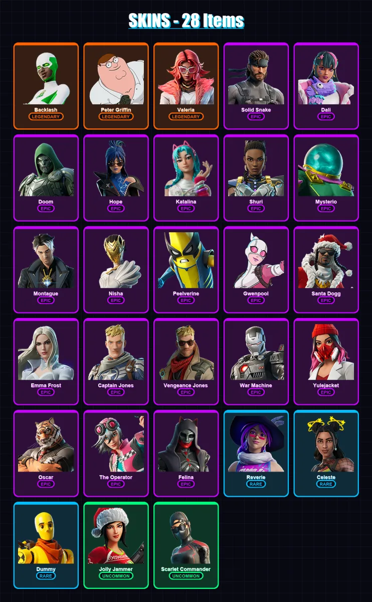 [PC/XBOX/PSN] | Backlash | Peter Griffin | Valeria | Solid Snake | Dali | 28 skin | 56 pickaxe | 35 emote | 35 glider | Lv918