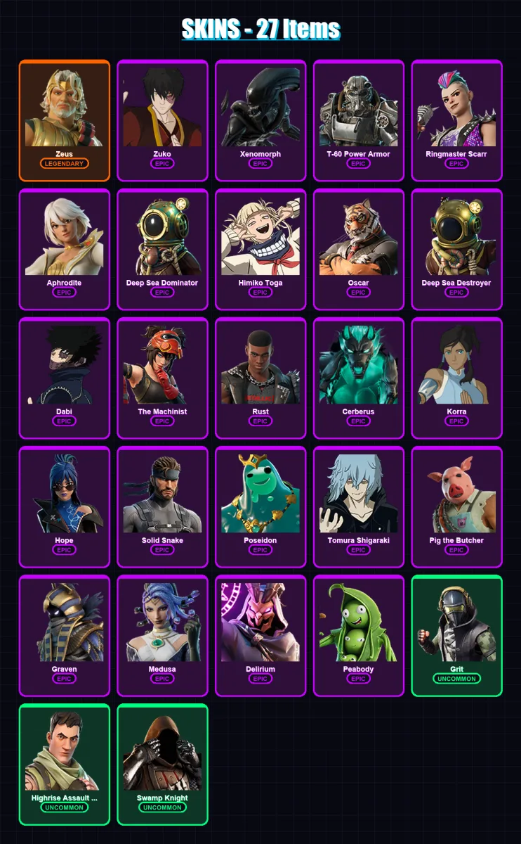 [PC/XBOX/PSN] | Zeus | Zuko | Xenomorph | T-60 Power Armor | Ringmaster Scarr | 27 skin | 31 pickaxe | 34 emote | 24 glider | Lv245