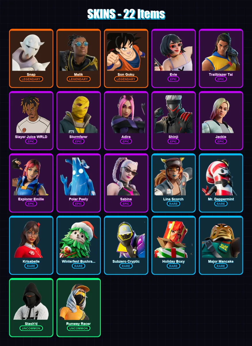 [PS4/PS5/PC] | Snap | Malik | Son Goku | Evie | Trailblazer Tai | 22 skin | 40 pickaxe | 30 emote | 31 glider | Lv458
