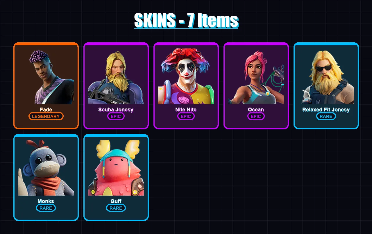 [PC/XBOX/PSN] | Fade | Scuba Jonesy | Nite Nite | Ocean | Relaxed Fit Jonesy | 7 skin | 4 pickaxe | 6 emote | 7 glider | Lv48
