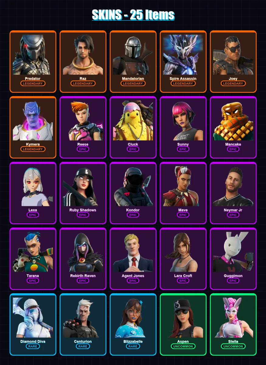 [PC/XBOX/PSN] | Predator | Raz | Mandalorian | Spire Assassin | Joey | 25 skin | 28 pickaxe | 24 emote | 23 glider | Lv285