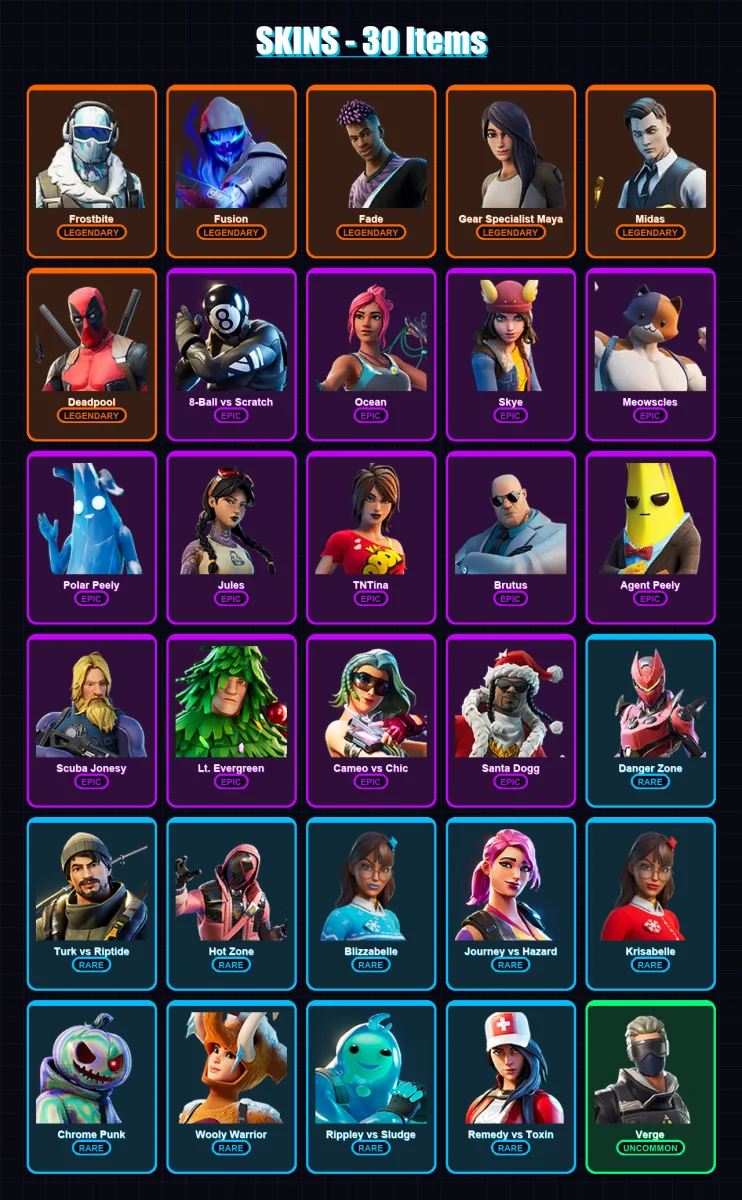 [PC/XBOX] | Frostbite | Fusion | Fade | Gear Specialist Maya | Midas | 30 skin | 46 pickaxe | 46 emote | 49 glider | Lv685