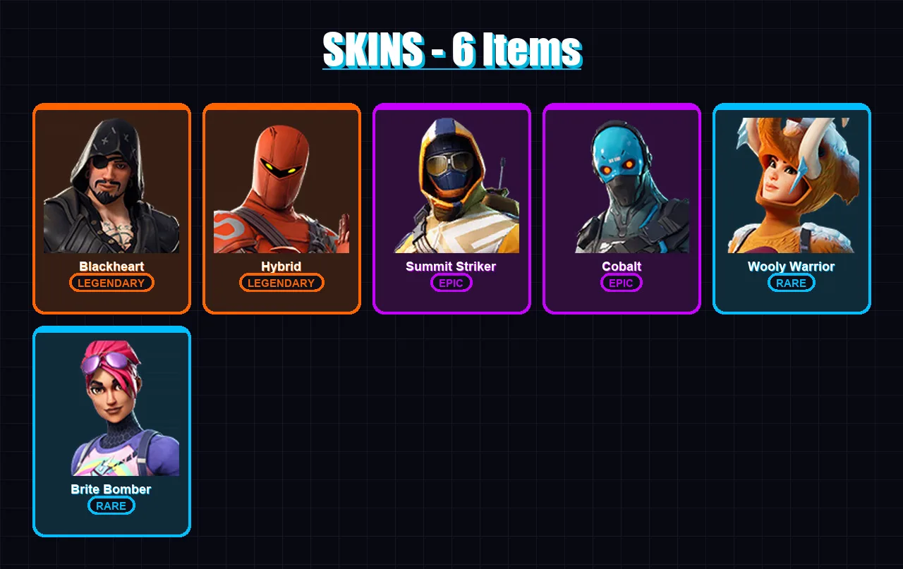 [PS4/PS5/XBOX/PC] | Blackheart | Hybrid | Summit Striker | Cobalt | Wooly Warrior | 6 skin | 8 pickaxe | 13 emote | 9 glider | Lv94