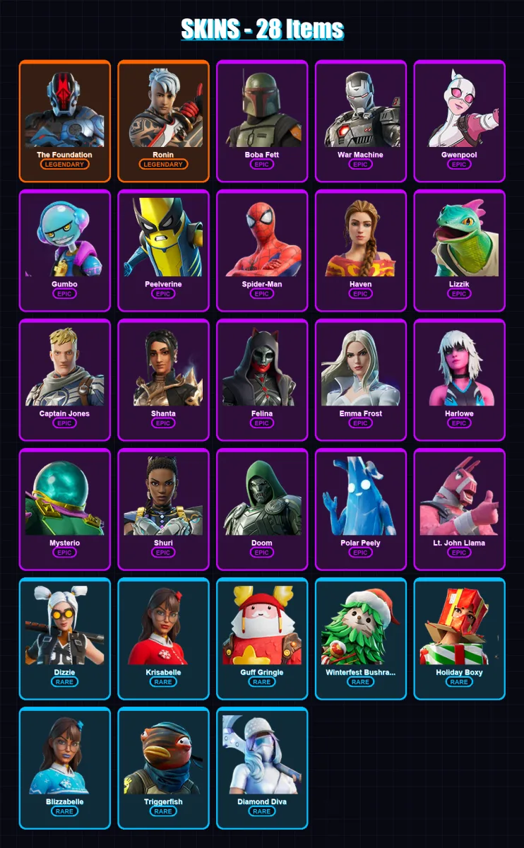 [PC/XBOX/PSN] | The Foundation | Ronin | Boba Fett | War Machine | Gwenpool | 28 skin | 40 pickaxe | 36 emote | 37 glider | Lv563 — Fortnite account