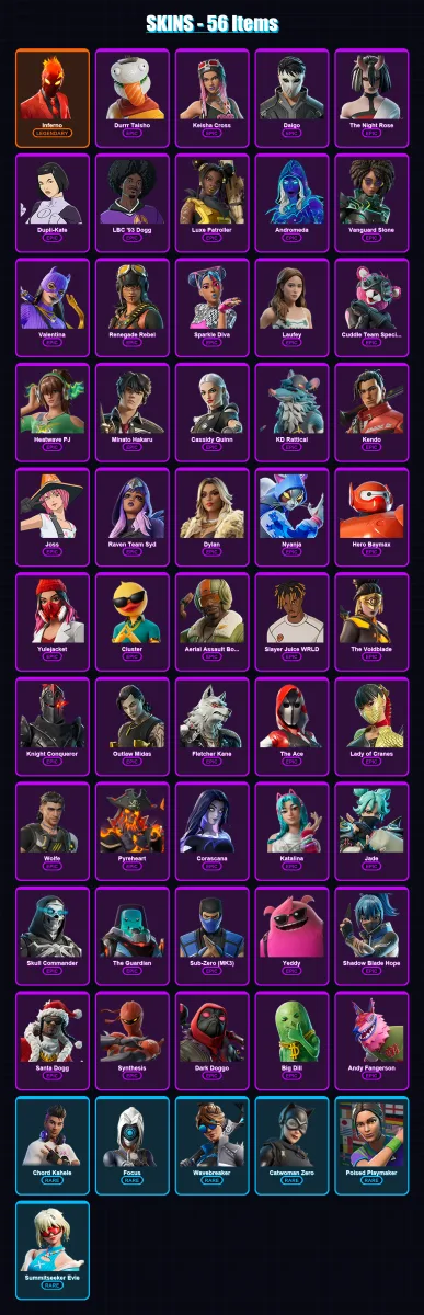 [SWITCH/XBOX/PSN/PC] | Inferno | Durrr Taisho | Keisha Cross | Daigo | The Night Rose | 56 skin | 74 pickaxe | 51 emote | 45 glider | Lv932
