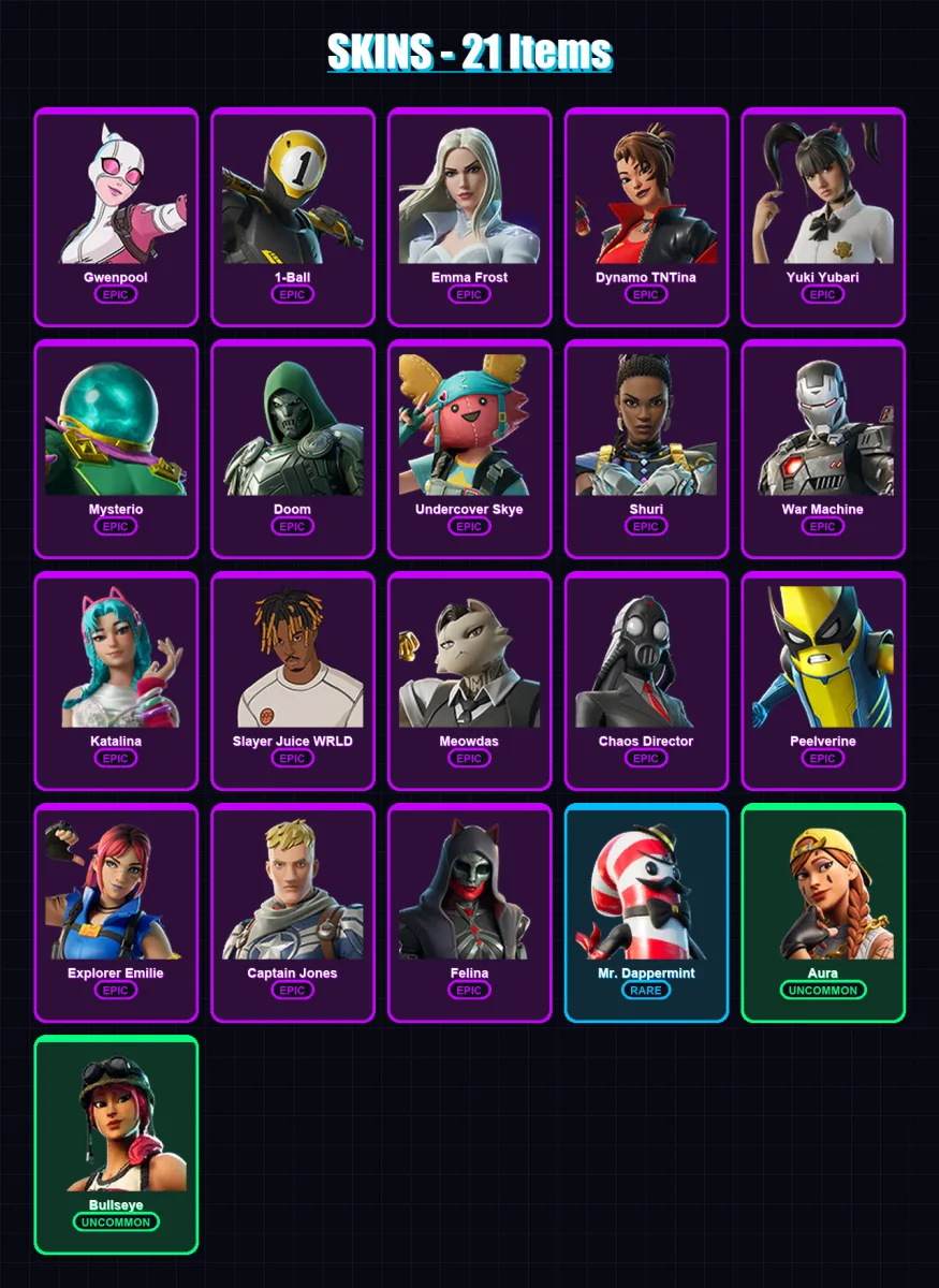 [PC/XBOX/PSN] | Gwenpool | 1-Ball | Emma Frost | Dynamo TNTina | Yuki Yubari | 21 skin | 40 pickaxe | 20 emote | 25 glider | Lv315